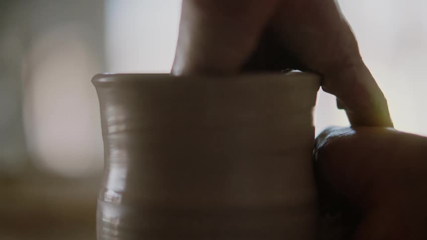 Hand of a woman being placed inside a clay vase that is being modeled