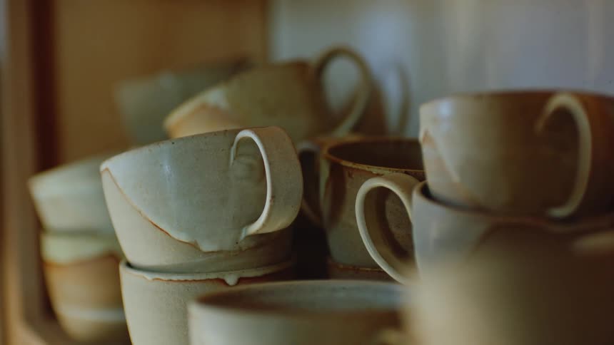 Sculpted mugs on the shelf