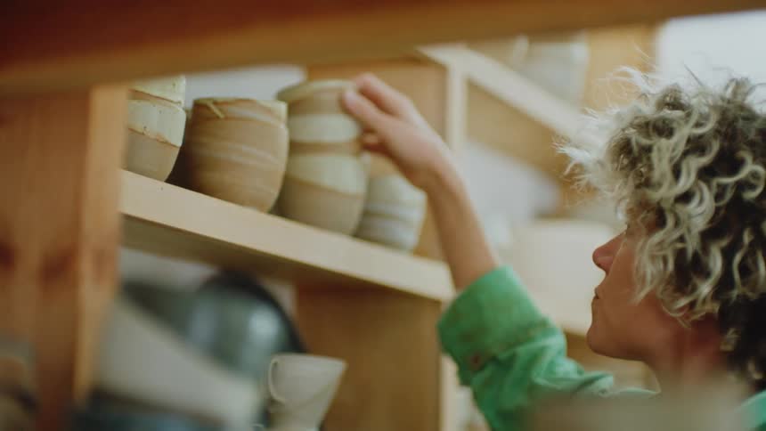 A woman with short hair is picking up some jars from a shelf