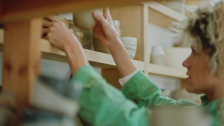 A woman arranging cups on a wooden shelf