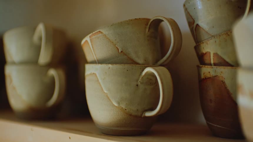 Stacked cups on a shelf