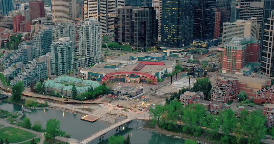 Aerial view of small market and urban riverscape