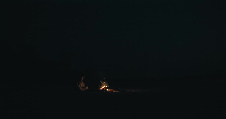 A person sits next to a campfire at night