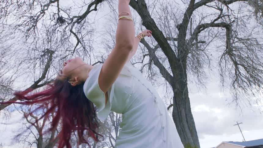 Lady in white gown dancing under a withered tree during the day