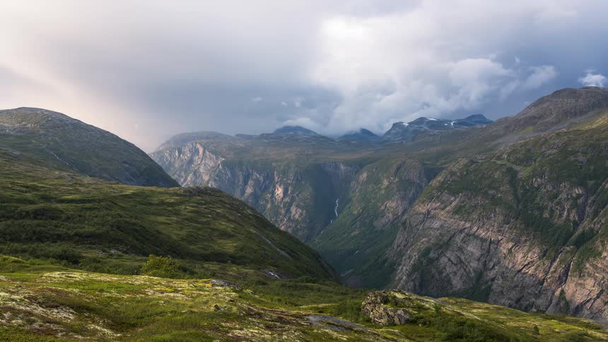 Aerial of a mountain valley during a cloudy day