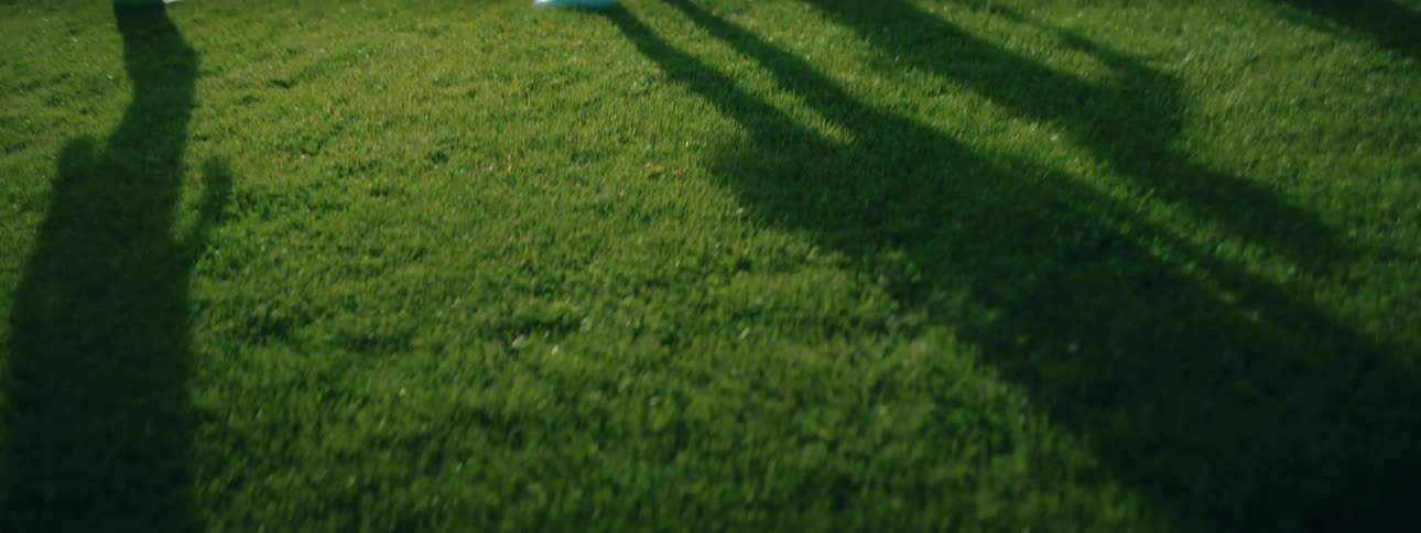 Teammates playing with soccer ball cast long shadows on the grass
