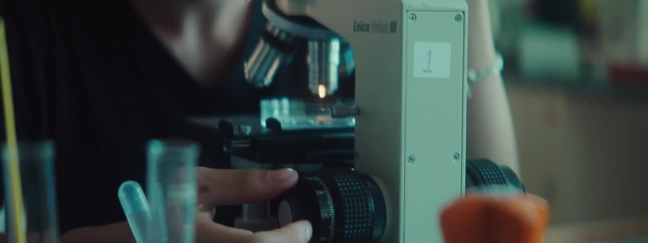 A person looking through a microscope in the laboratory