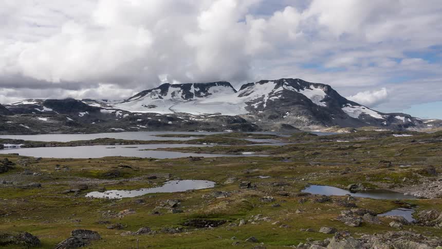 A rocky landscape with scattered pools of water and snowcapped mountains in the background