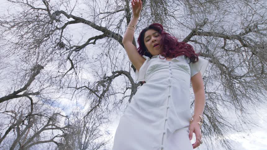A woman in a dress makes some dance type moves