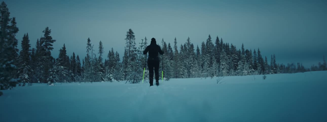 Woman walking on snowcovered ground with conifers around her on a cloudy day