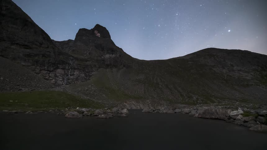 A small lake on a mountain during the starry night