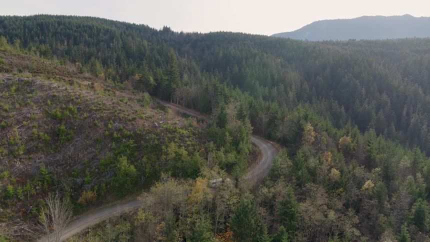 Following behind a white work truck winding its way up a steep gravel road on a mountain hillside