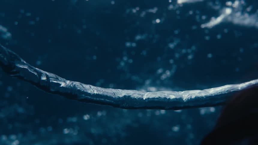 Close up of a diver rising to the surface following an arched air bubble