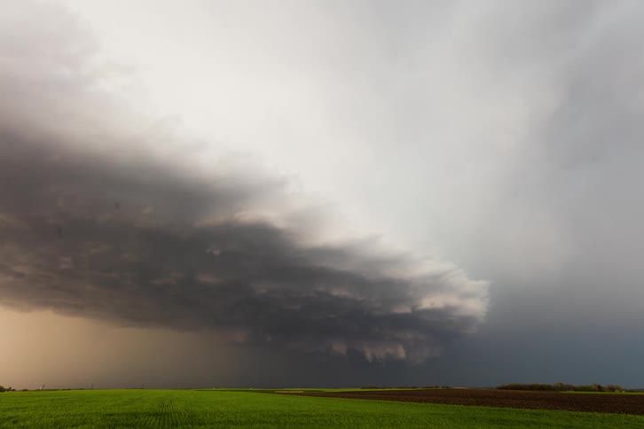 A lightning storm in a rural field at sunset