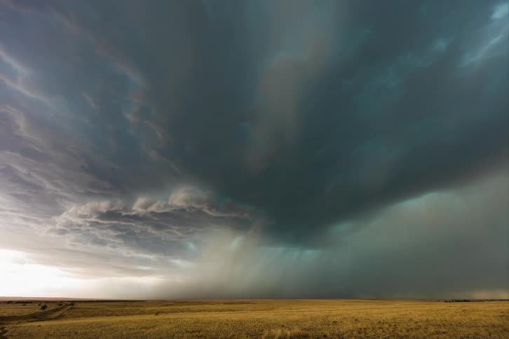 A windstorm with lightning in a rural meadow at sunset