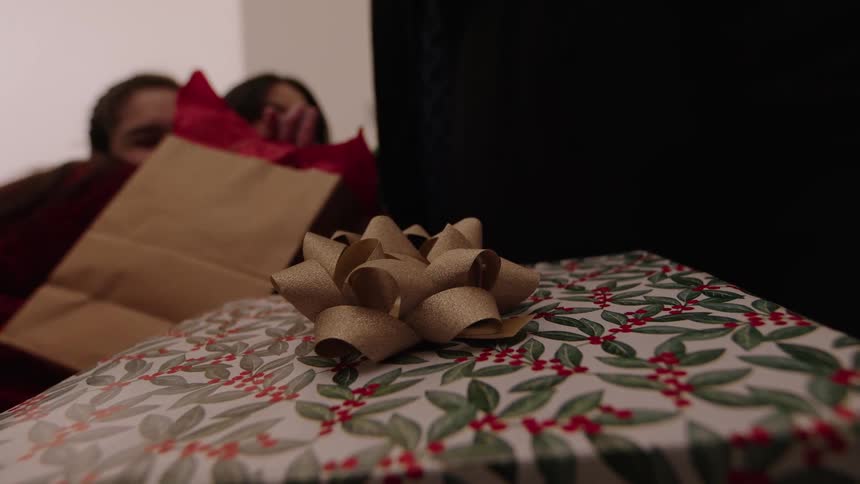 Point of view of a Christmas gift as it is being carried inside