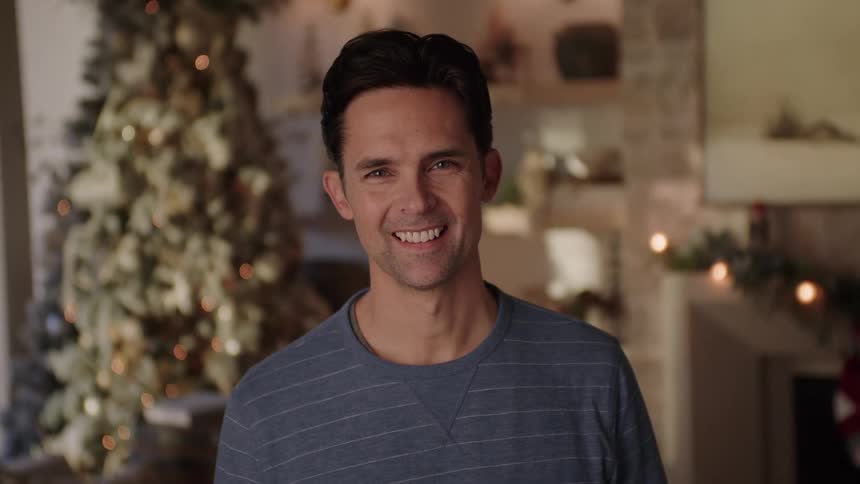 Portrait of a Smiling Man in a Blue Shirt Standing in a Festively Decorated Room With a Christmas Tree