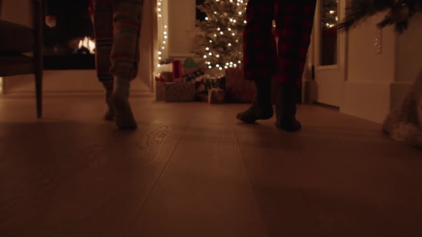 Siblings walk towards the christmas tree with gifts