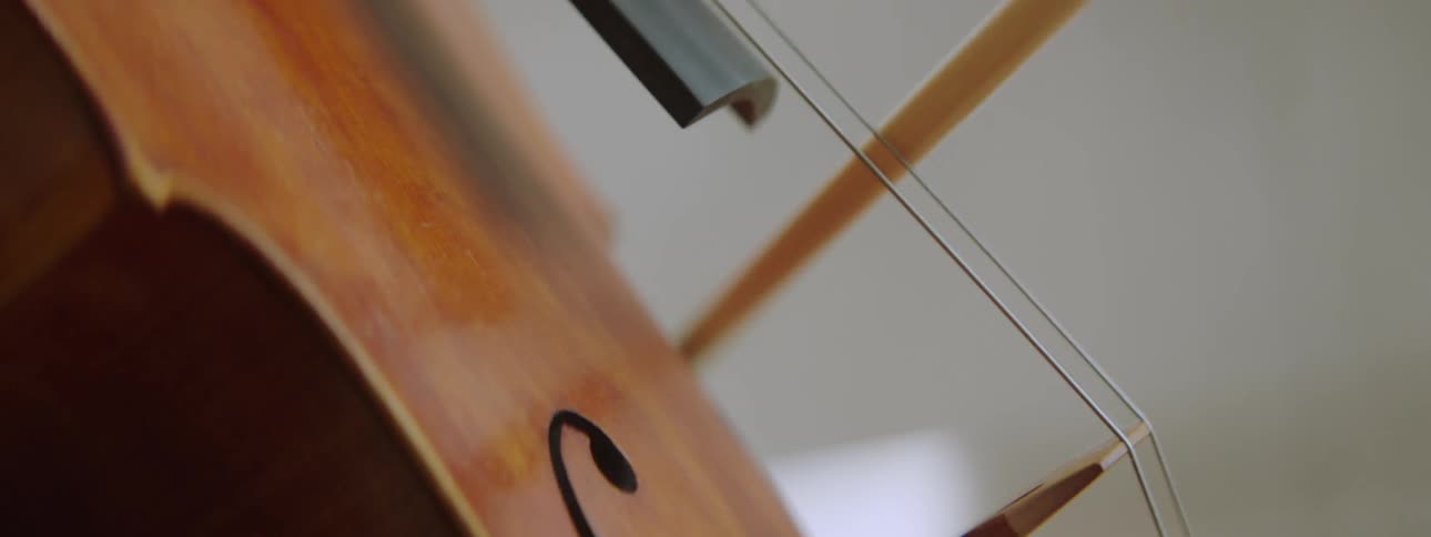 A hand holding a horsehair bow playing the cello