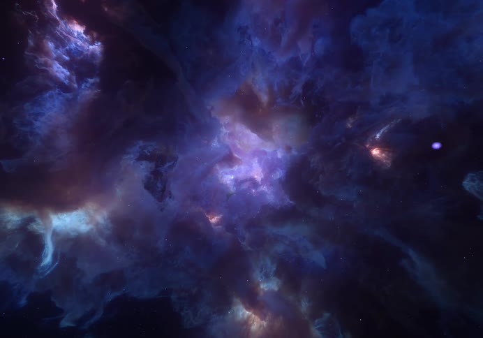 Stars move among the purple clouds of a dark nebula