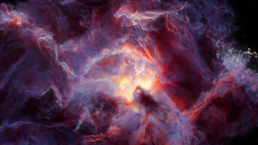 Purple clouds of a nebula glow red from the light of a distant sun