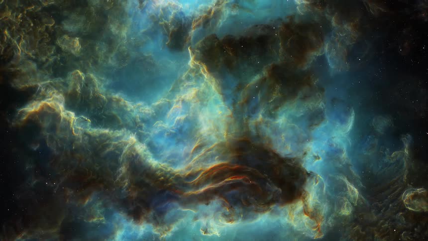 Moving through a dark nebula filled with turquoise light