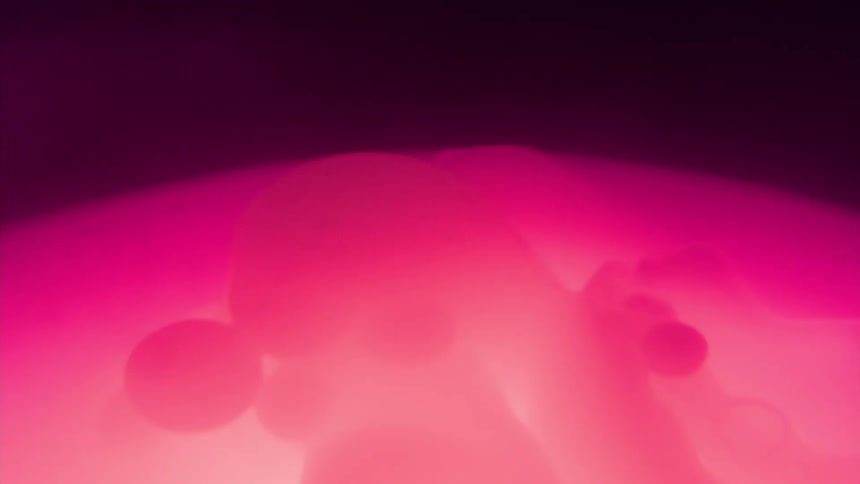 A pink fluid swells and separates into smaller blobs
