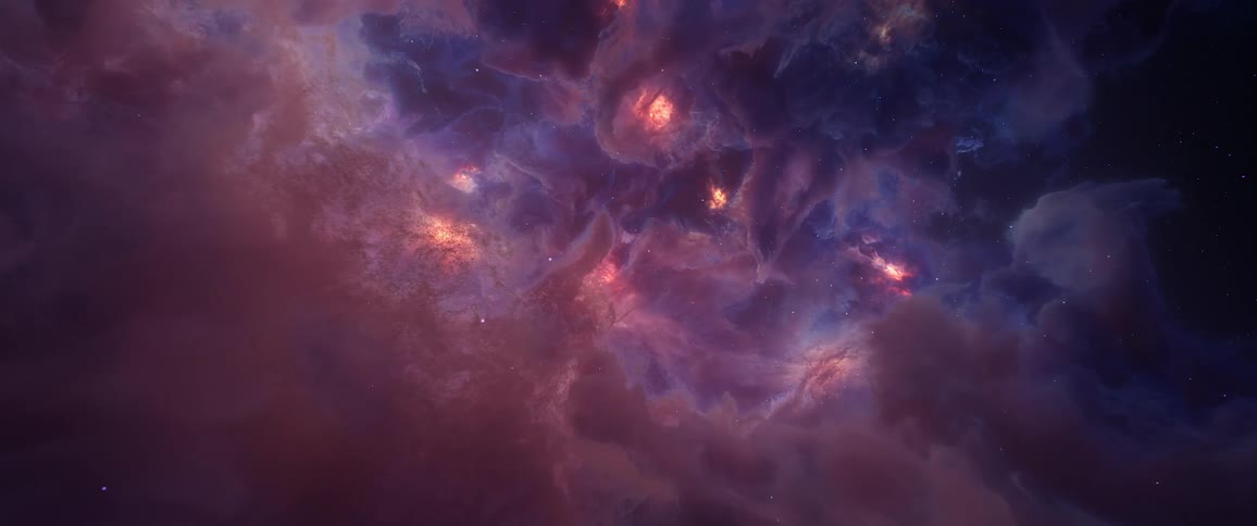 Moving through a dark nebula among stars and light from distant suns