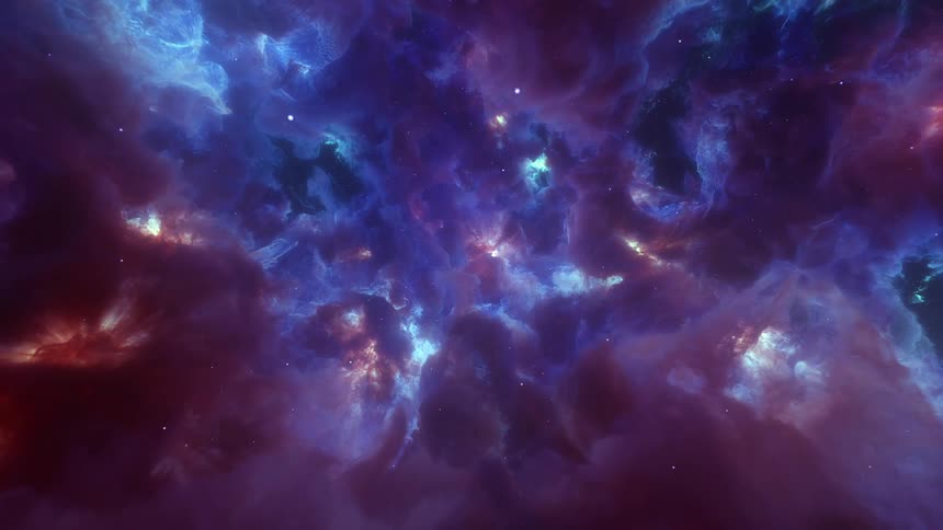 Dark clouds of a nebula move among the stars across outer space