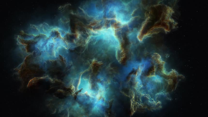 Spinning blue nebula clouds with brown highlights in outer space
