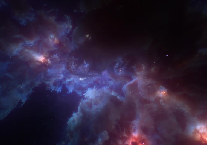 Moving among the stars through clouds toward the center of a glowing nebula