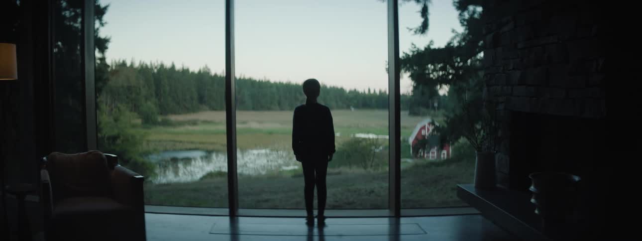 A young woman stands in her modern room looking out floor to ceiling windows at rural landscape