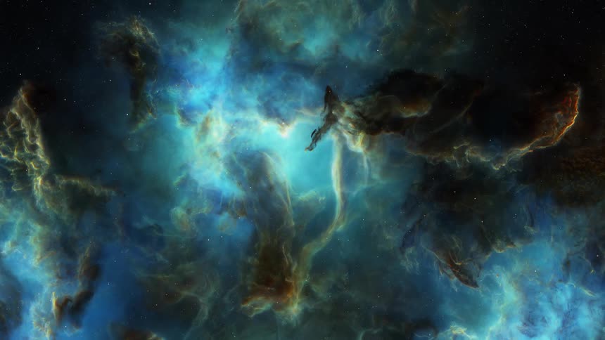Blue light shines through nebula surrounded by stars