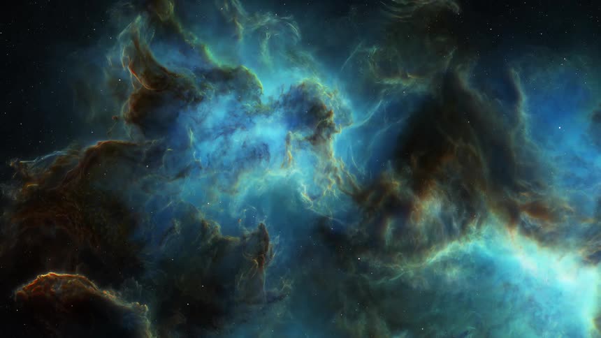 Green clouds float among the stars in a turquoise nebula