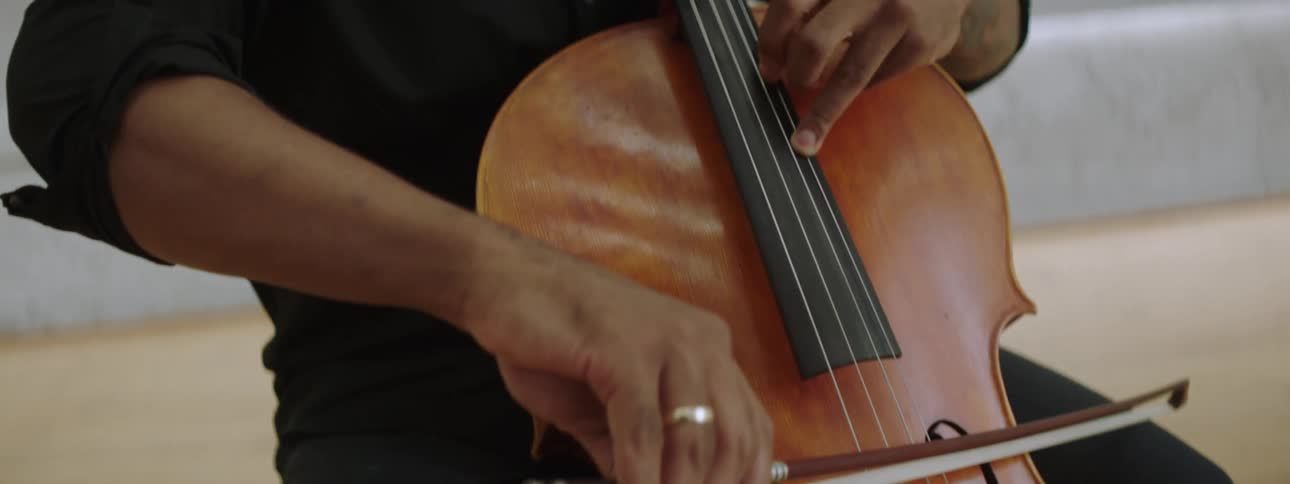 Inspired musician plays the cello and looks at the camera