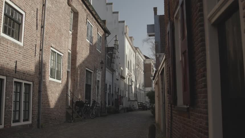 Alley of a street with small residential buildings
