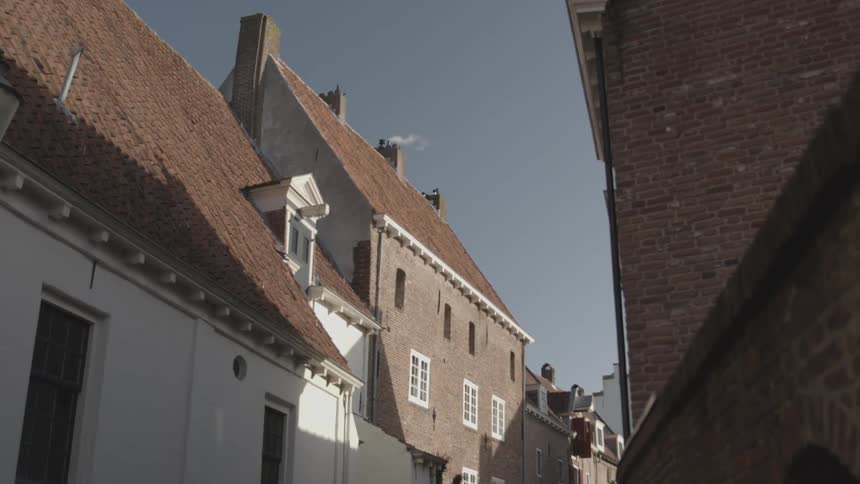 A narrow street flanked by traditional european buildings with peaked roofs under a clear sky