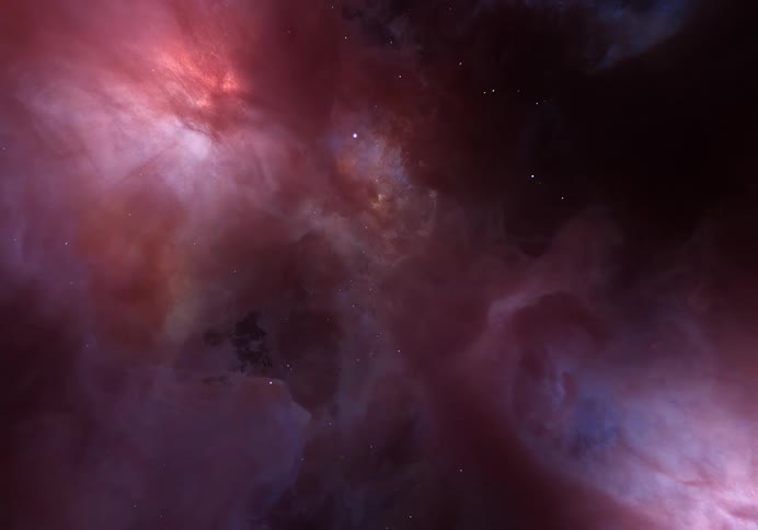 Moving among the stars through clouds toward the center of a glowing nebula