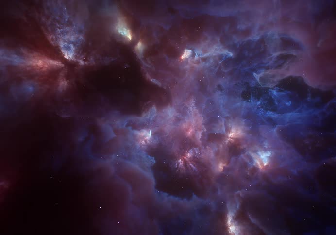 Moving among the stars through clouds toward the center of a glowing nebula