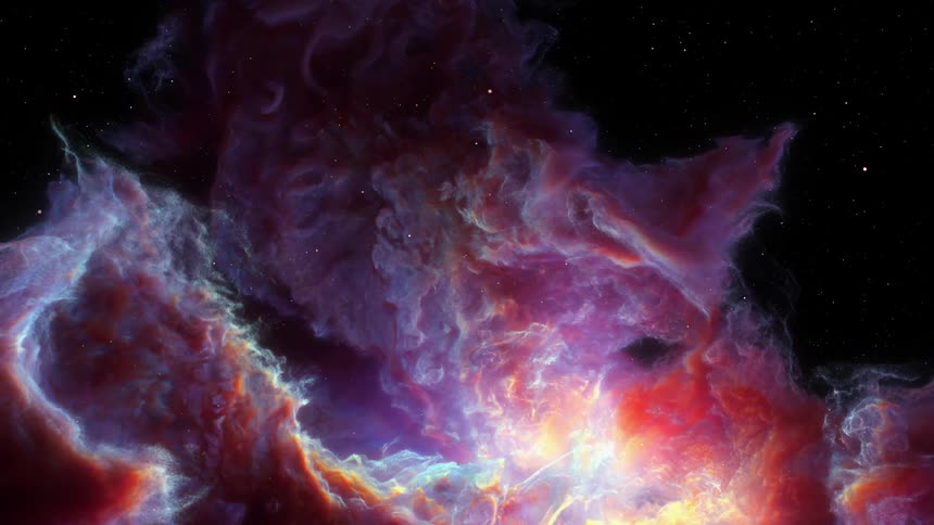 Purple and pink nebula cloud moving through space