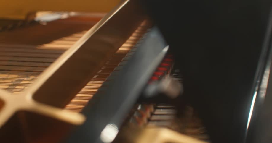 The interior of a piano with strings touching black parts and a black surface being illuminated by natural light