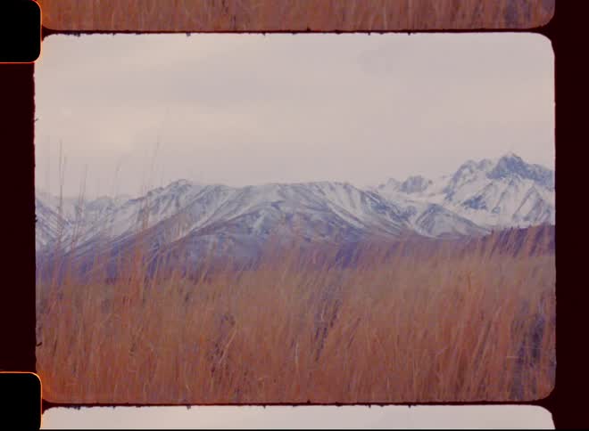 A meadow with snow mountains at sunset