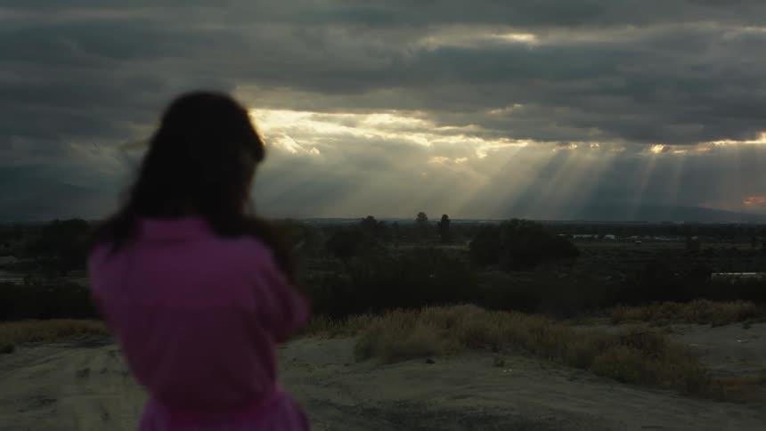 A woman admiring the rural landscape at sunset