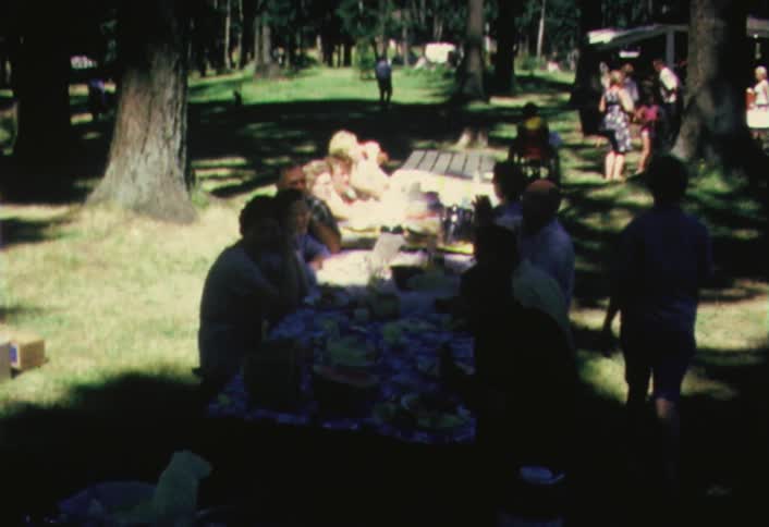 People are gathered around a picnic table interacting on a sunny day