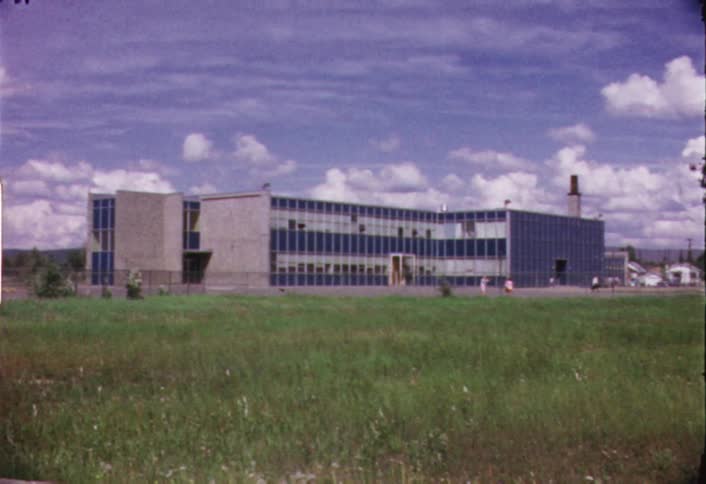 Green field in front of a large building on a cloudy day