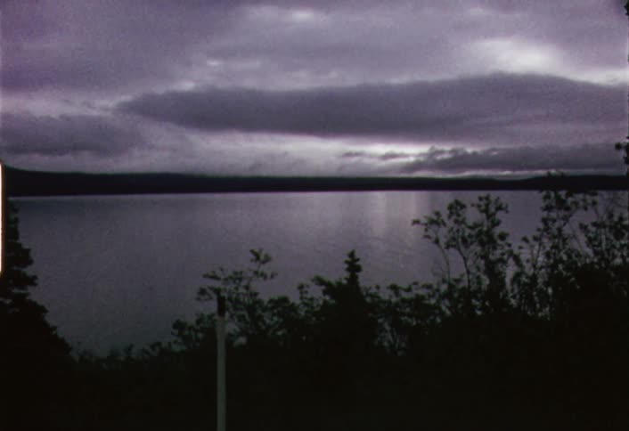 A calm lake near a forest on a cloudy day