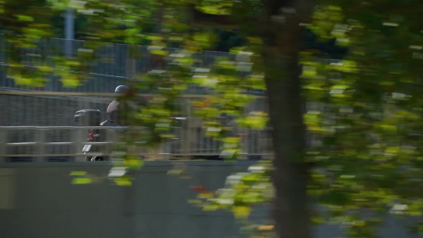 A motorcyclist drives past people and vehicles