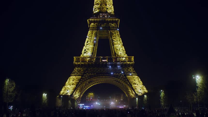 Crowd of people in front of the illuminated eiffel tower at night