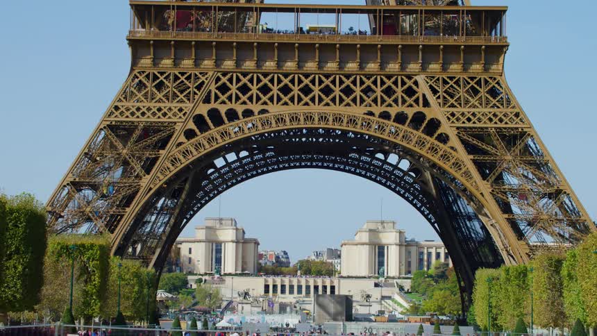 Panorama of the base of the eiffel tower with thousands of people around