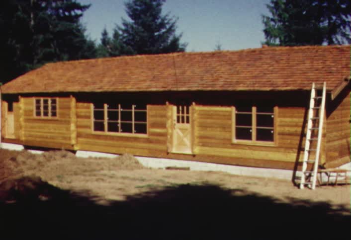 Large log cabin with a ladder leaning against it
